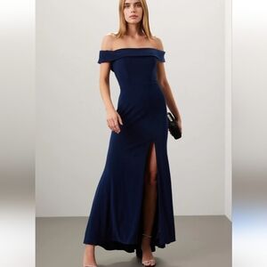 Faviana Off The Shoulder Gown Women's 12 Navy Blue Maxi Dress